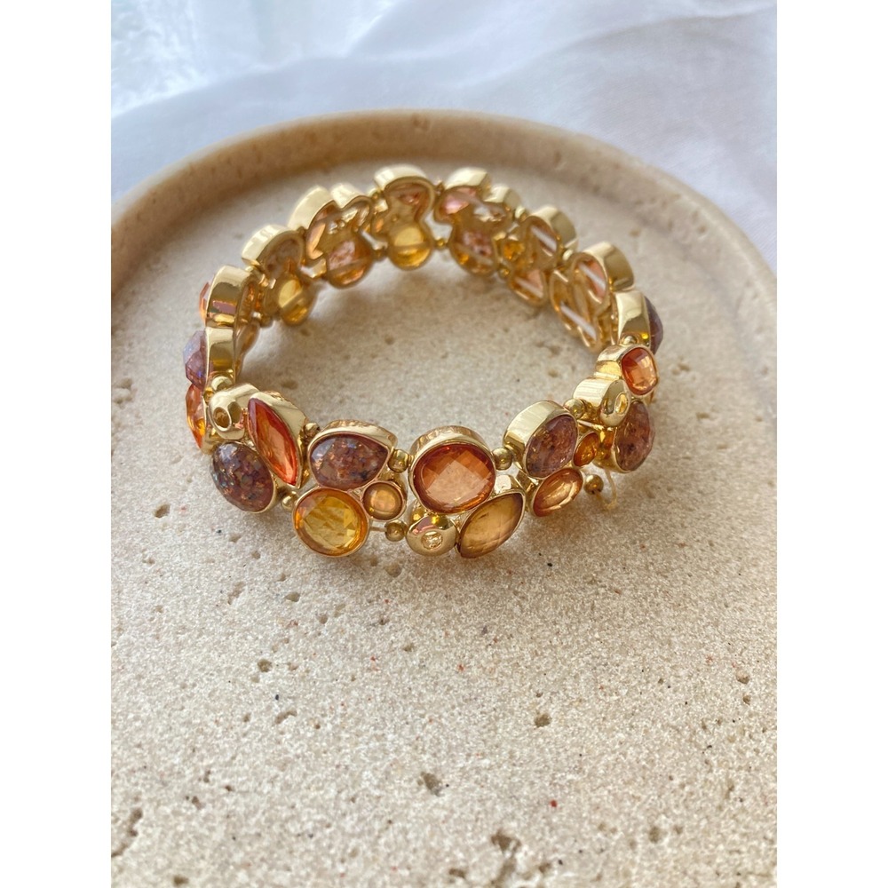 Chunky Gold Tone‎ Stretch Bracelet Sunrise Glass Look Cabochon Cluster Statement